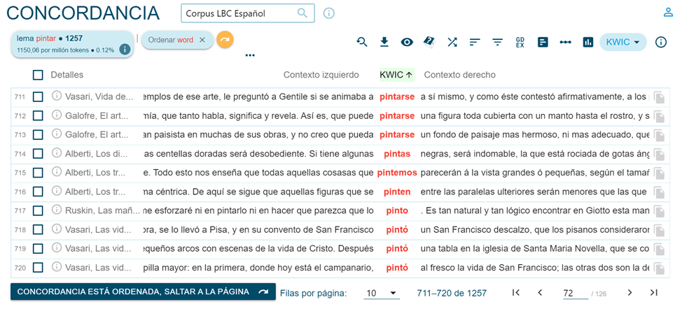 Suche nach den KWICs des Lemmas pintar im spanischen Korpus ohne Auswahl der Reihenfolge
